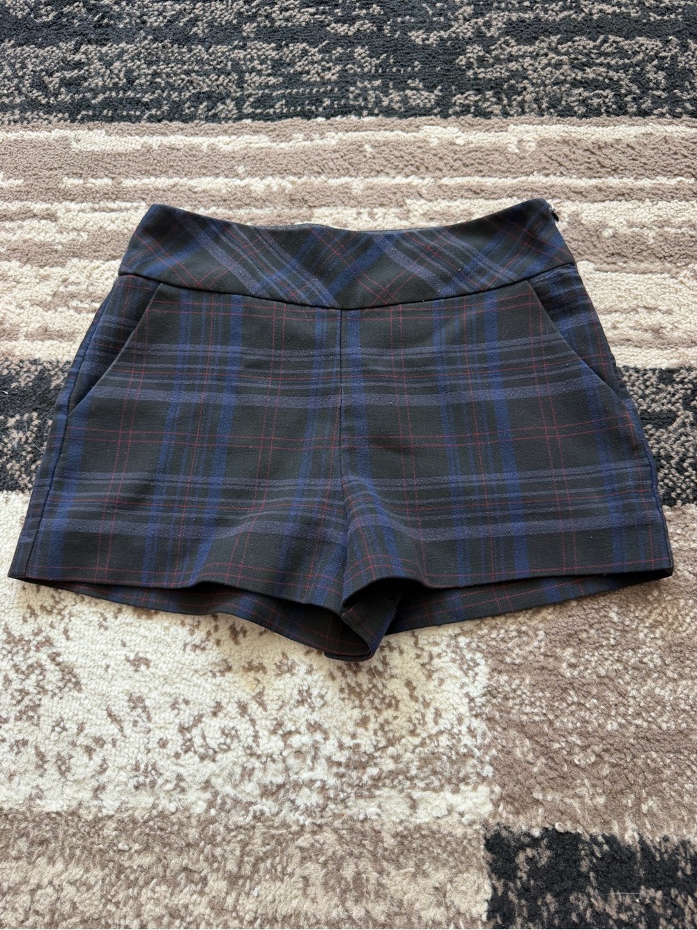 Womens Plaid Shorts in Navy with Black and Red Accents and side zipper
